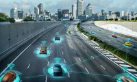 Autonomous car sensor system concept for safety of driverless mode car control . Future adaptive cruise control sensing nearby vehicle and pedestrian . Smart transportation technology .